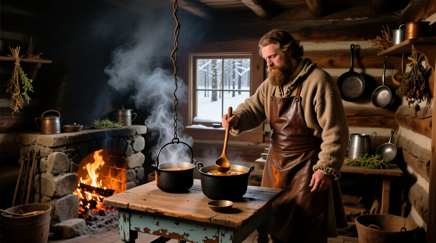 Colonial settler cooking with iron pots over open hearth