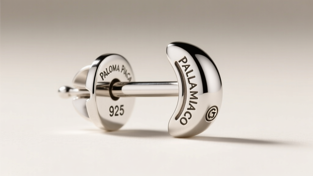 Close-up of sterling silver Paloma Picasso earring post showing crisp Tiffany hallmark, 925 stamp, and copyright symbol engraving.