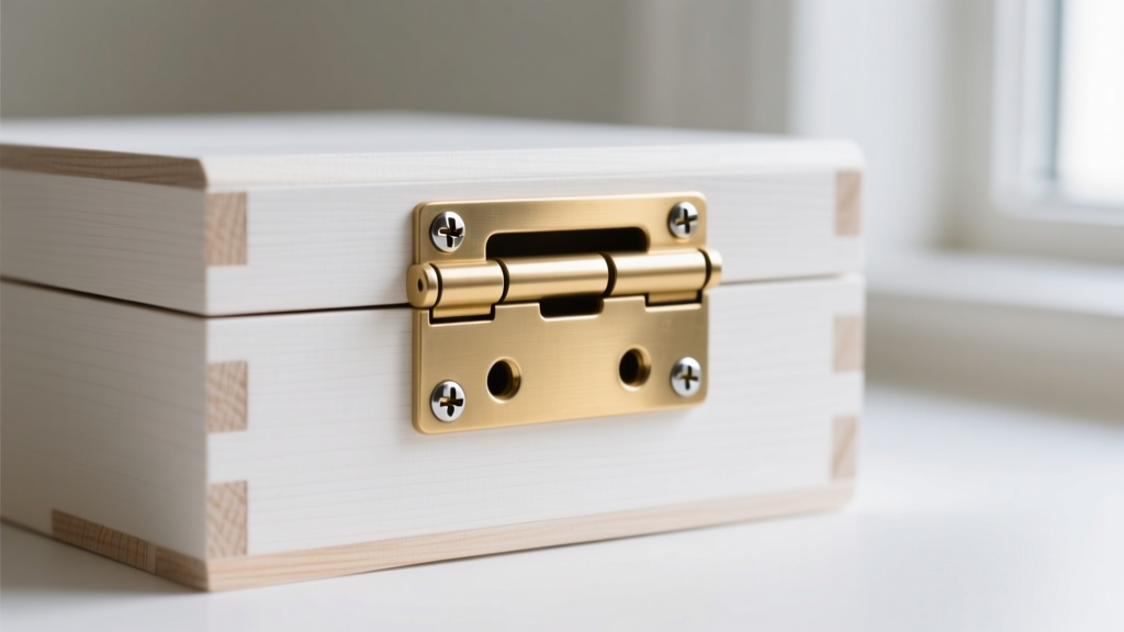 Macro photo of solid brass piano hinge on white wooden box, highlighting the recessed mortise cut and flush steel wood screws