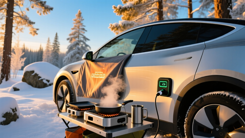 Winter camping scene showing an electric vehicle with a thermal battery blanket and heated outdoor cooking utensils plugged into a V2L outlet.