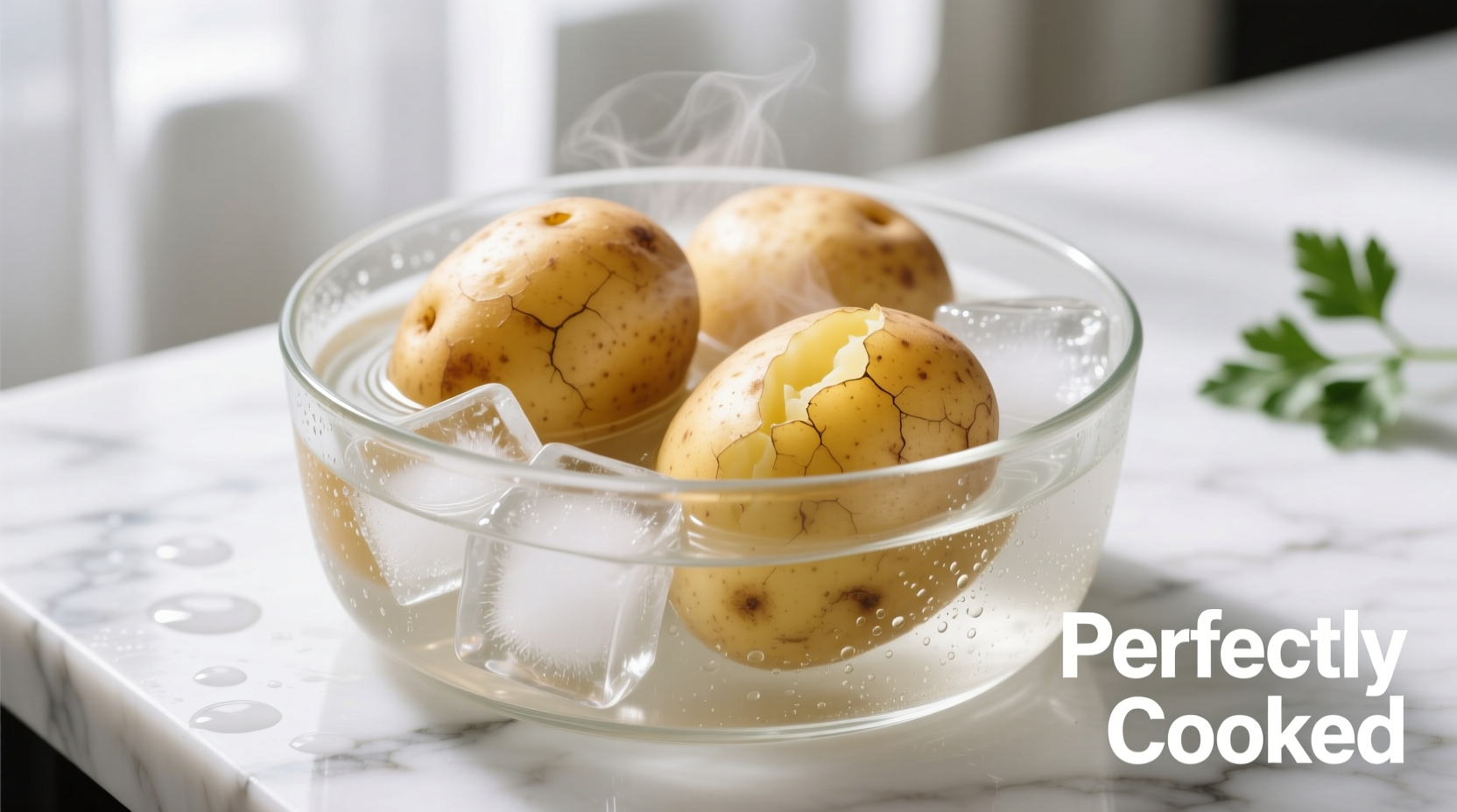 Perfectly cooked Yukon Gold potatoes in ice bath