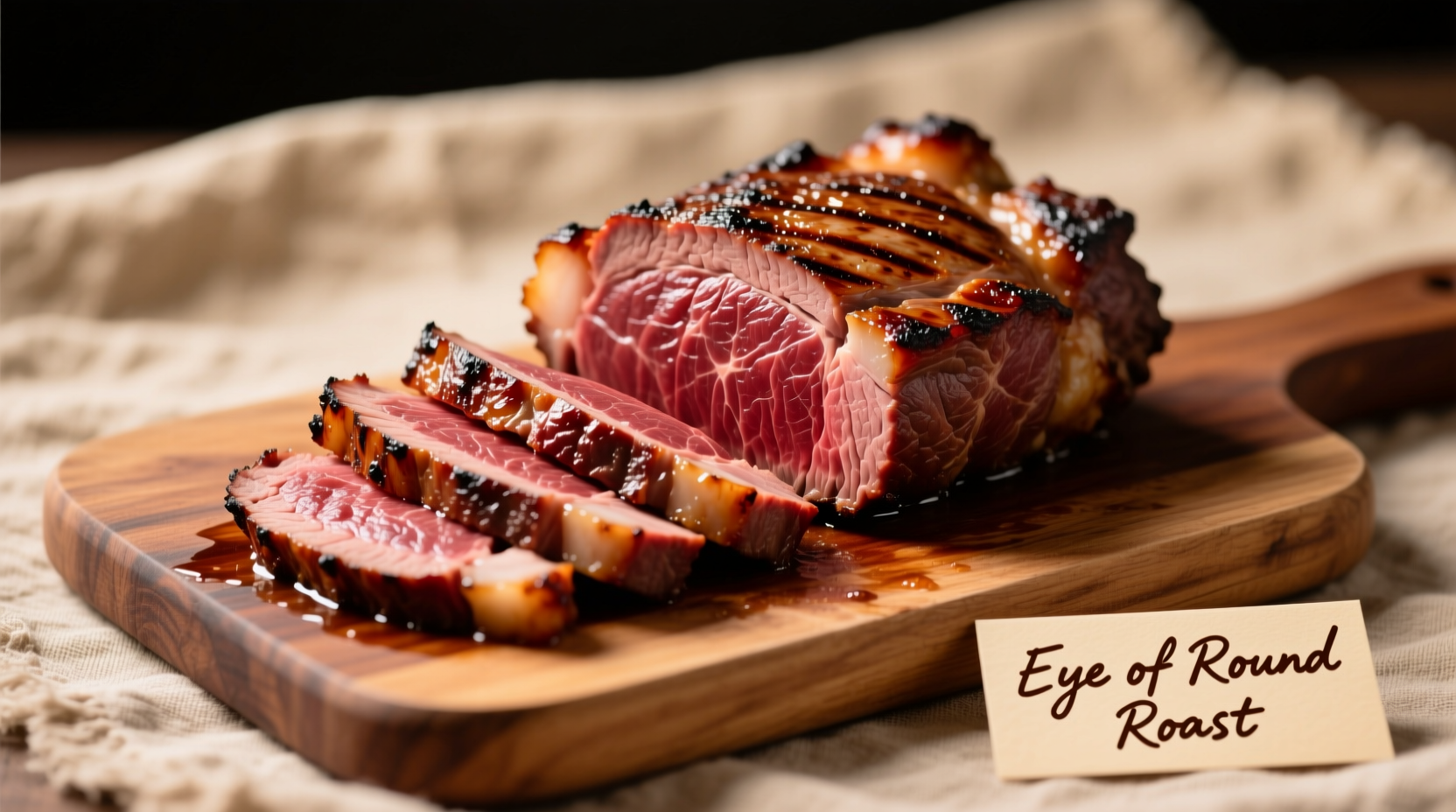 Perfectly sliced eye of round roast on cutting board