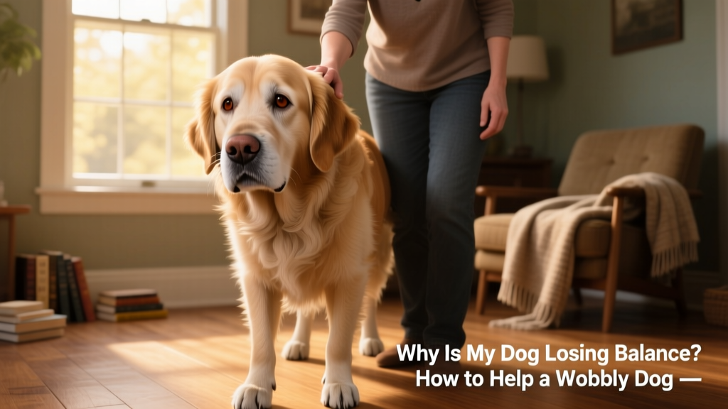Close-up of a senior dog standing unsteadily, head slightly tilted, with concerned owner nearby