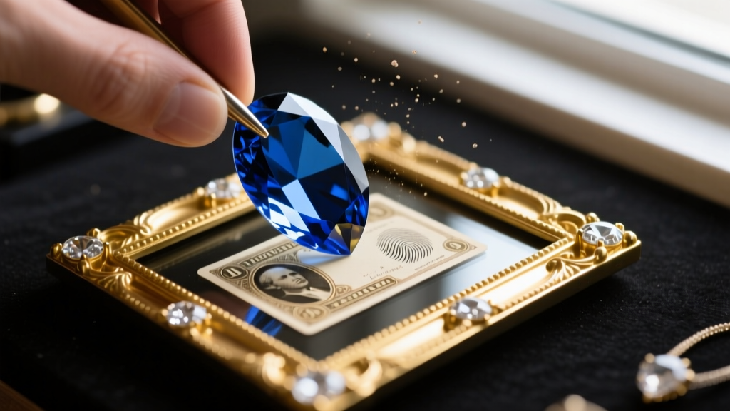 Macro shot of a sapphire crystal glass being fitted over a rare trading card inside a diamond gold frame on a jeweler workbench.