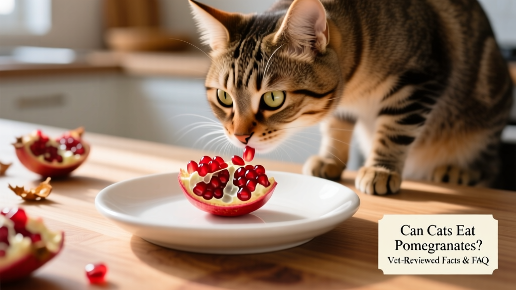 A curious cat sniffing a single pomegranate aril placed on a pet-safe dish