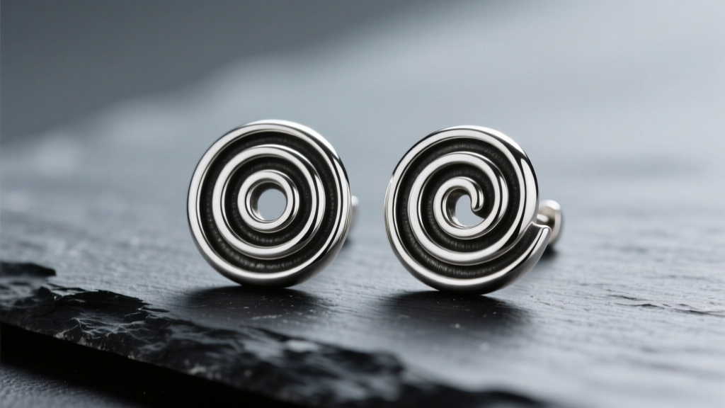 Close-up of sterling silver James Avery swirl earrings on dark slate, highlighting intricate spiral metalwork and oxidized grooves.