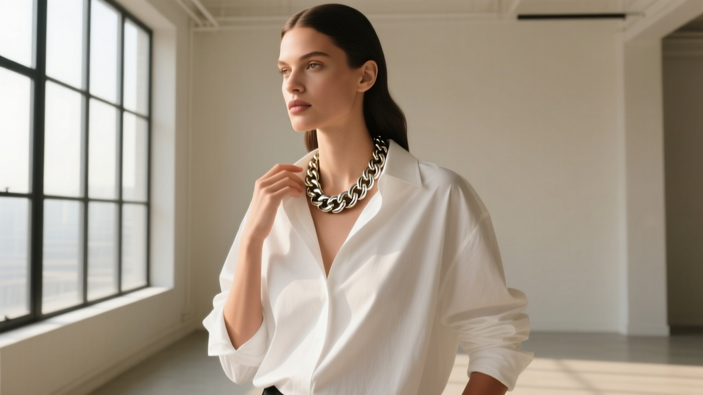 Model wearing a chunky vintage Givenchy chain necklace over a crisp white oversized cotton shirt in a high-fashion editorial shot.