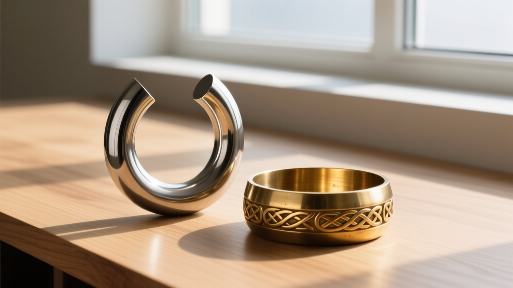 Hollow stainless steel Celtic torque beside solid brass torque on wood, showing material thickness and weight differences.