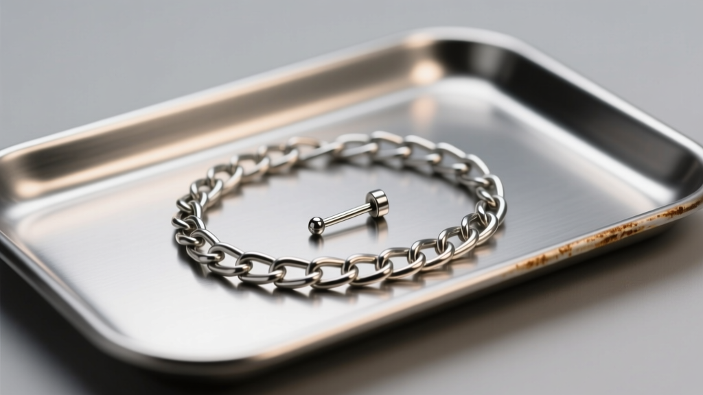14-gauge titanium VCH piercing chain attachment resting on a sterile surgical metal tray under soft, warm studio lighting.