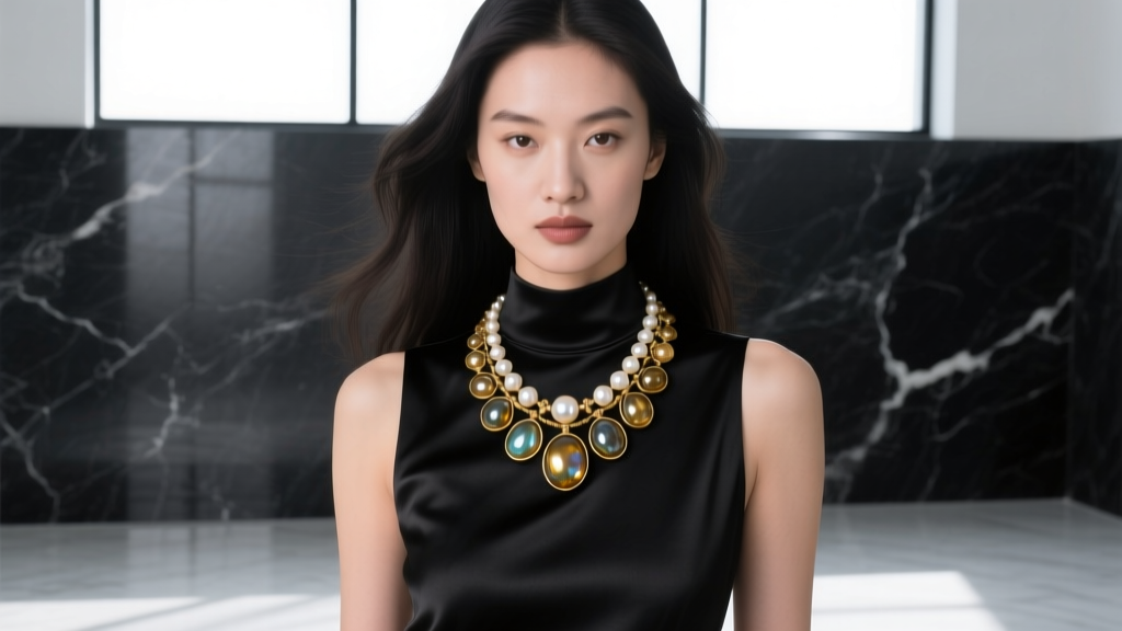 Editorial shot of a model wearing an oxidized gold roman pearl necklace with irregular baroque glass beads against dark marble