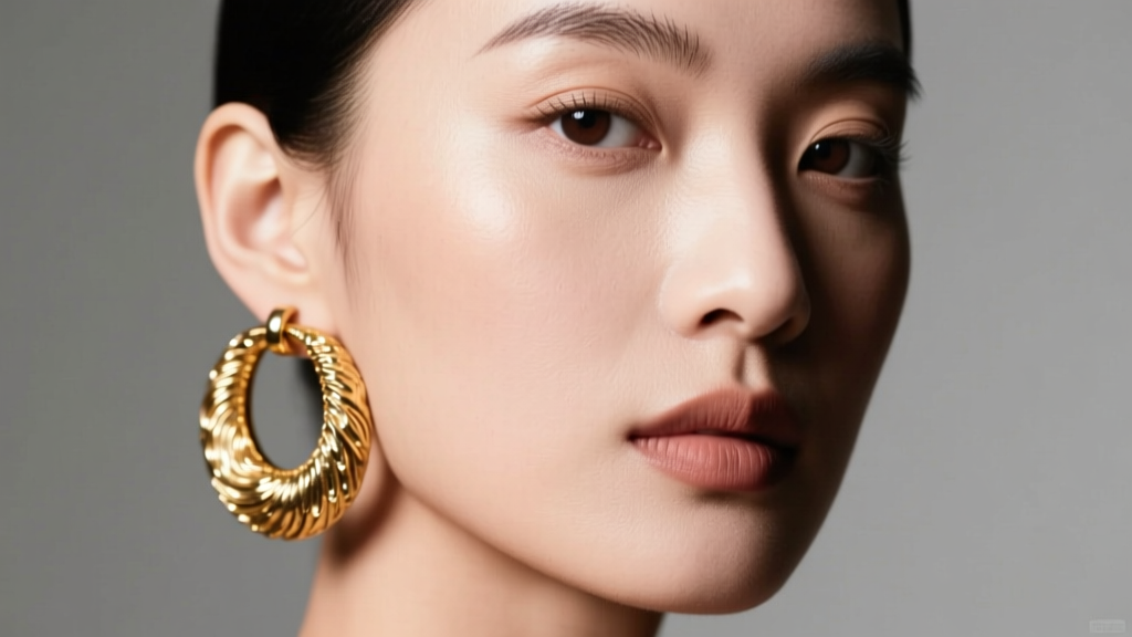 Close-up of a model wearing a single oversized textured gold hoop on one ear, soft studio lighting highlighting the metal reflection.