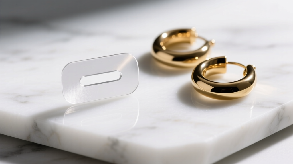 Macro shot of a clear adhesive earring support patch with a central slit on white marble next to heavy brass hoop earrings