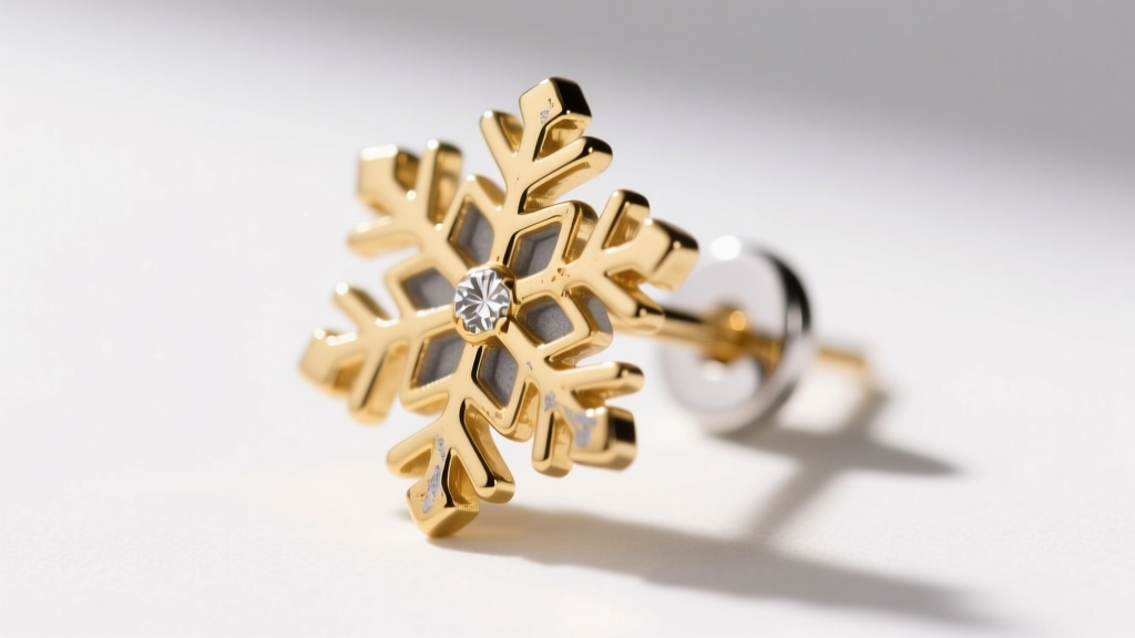 Macro shot of a gold vermeil snowflake stud earring showing slight tarnish on the silver base where the plating has worn thin.