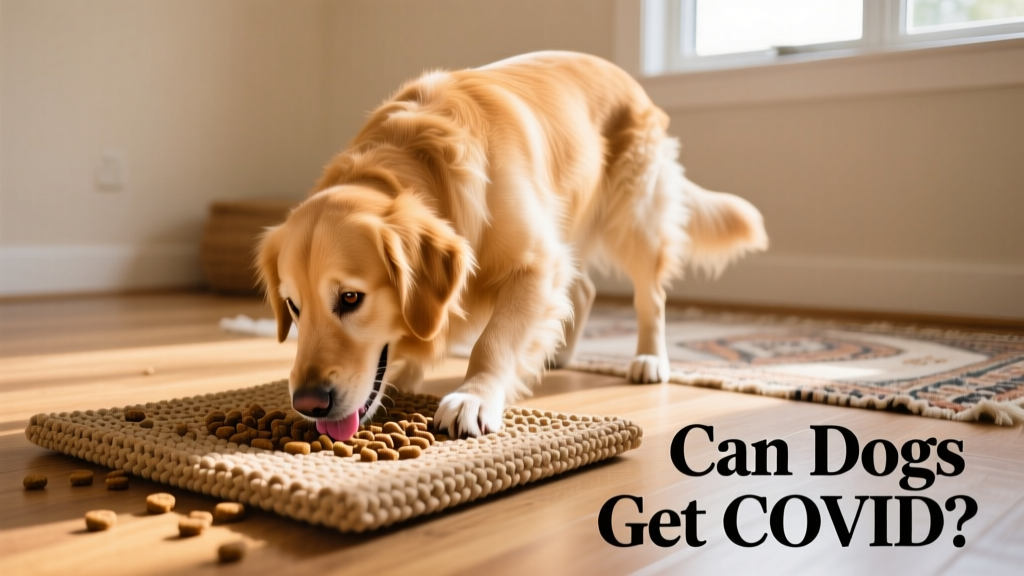 A dog happily interacting with a snuffle mat filled with kibble on the floor