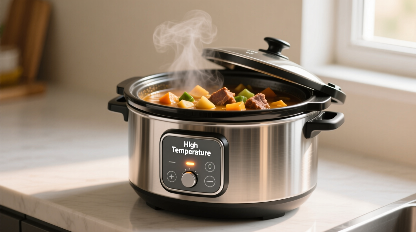 Slow cooker showing high temperature setting