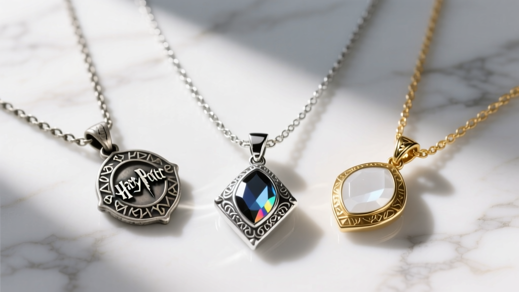 Three Harry Potter cursed necklace replicas showing pewter, rhodium silver, and white gold settings on a white marble surface.
