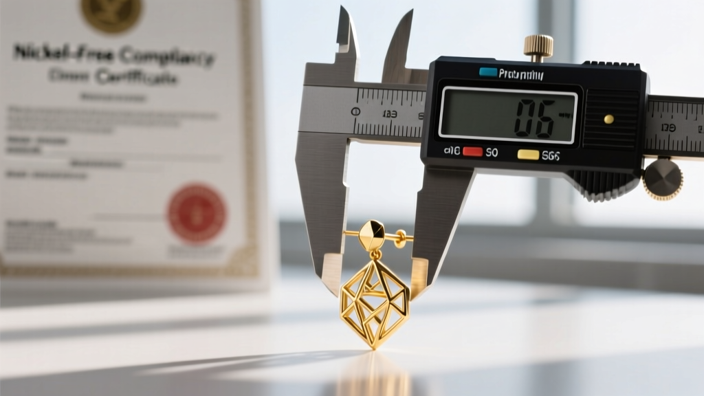 Digital caliper measuring a gold-plated fashion earring post, with a nickel-free compliance certificate blurred in the background.