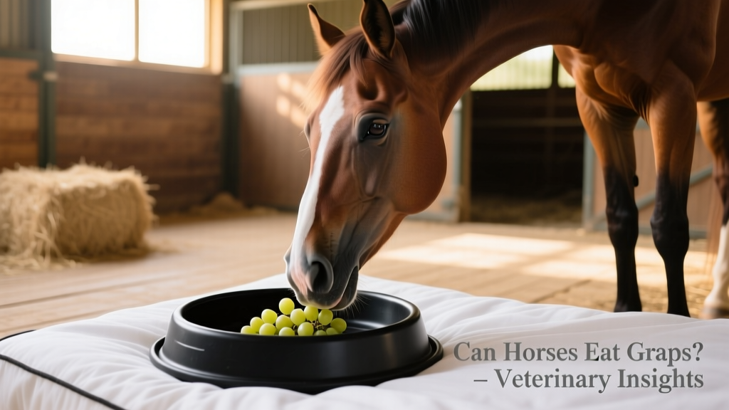 A horse calmly eating small, halved grapes from a black rubber feed pan placed on clean bedding