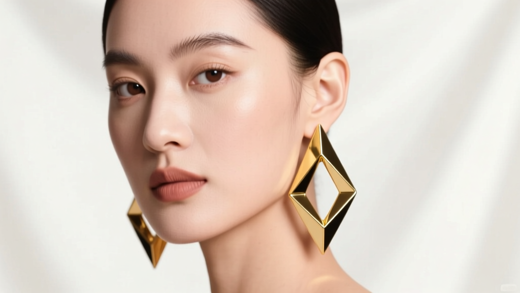 Elegant woman wearing large hollow gold geometric dangle earrings, soft studio lighting highlighting her jawline and earlobes.