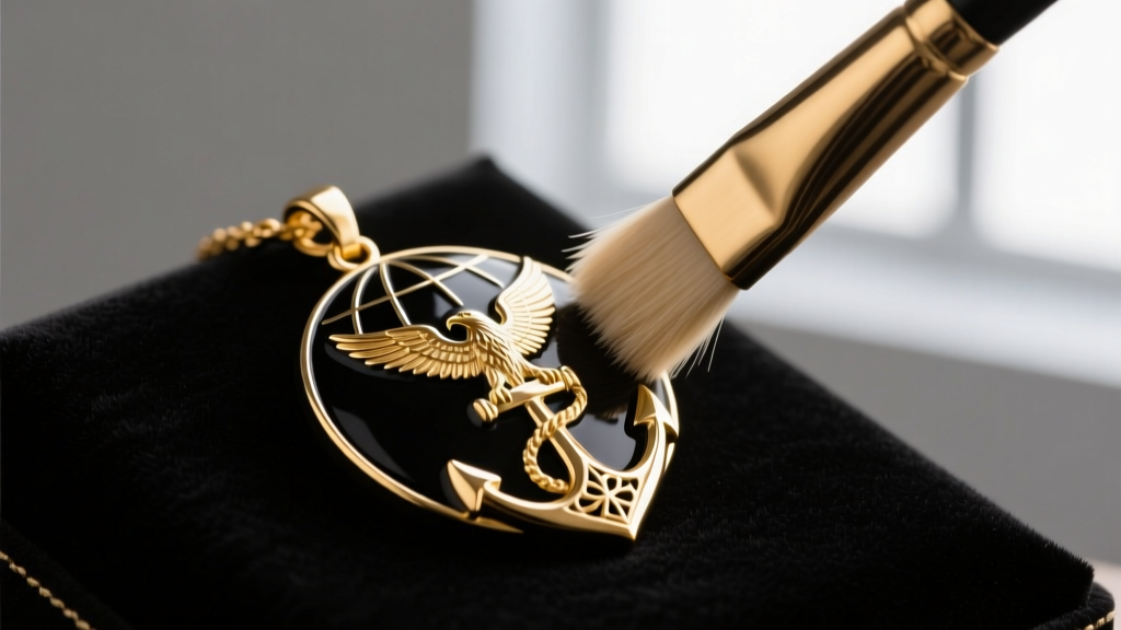 Soft brush gently scrubbing black enamel on a gold plated eagle globe and anchor pendant under warm studio lighting setup.