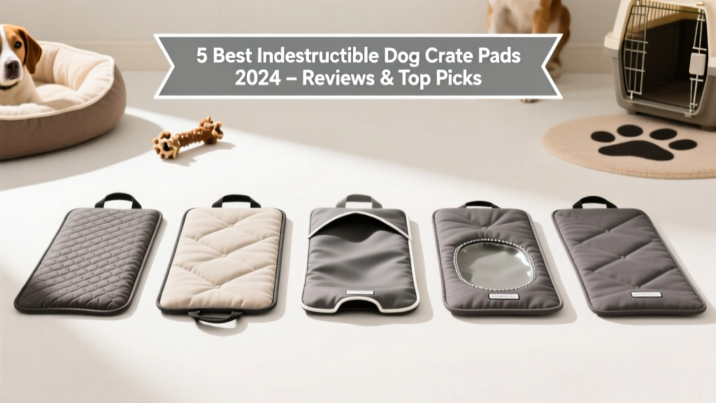 Side-by-side comparison of five indestructible dog crate pads arranged on clean white background