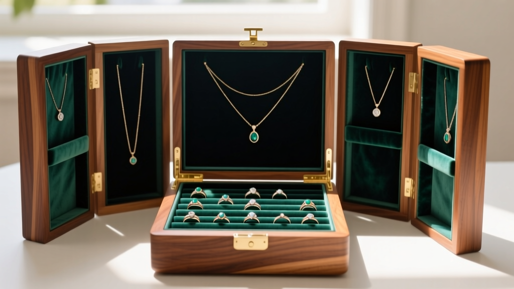 Interior layout of a maple jewelry box showing precisely measured ring roll spacing and tall vertical necklace drop compartments.