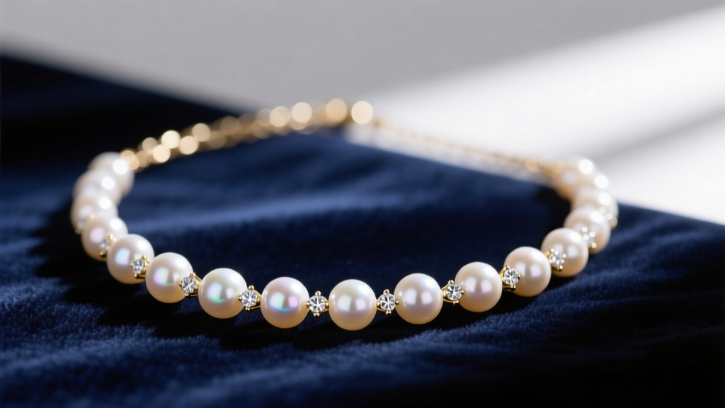 Close-up of a vintage-style pearl necklace with diamond accents on a 14k white gold chain, resting on dark velvet fabric.