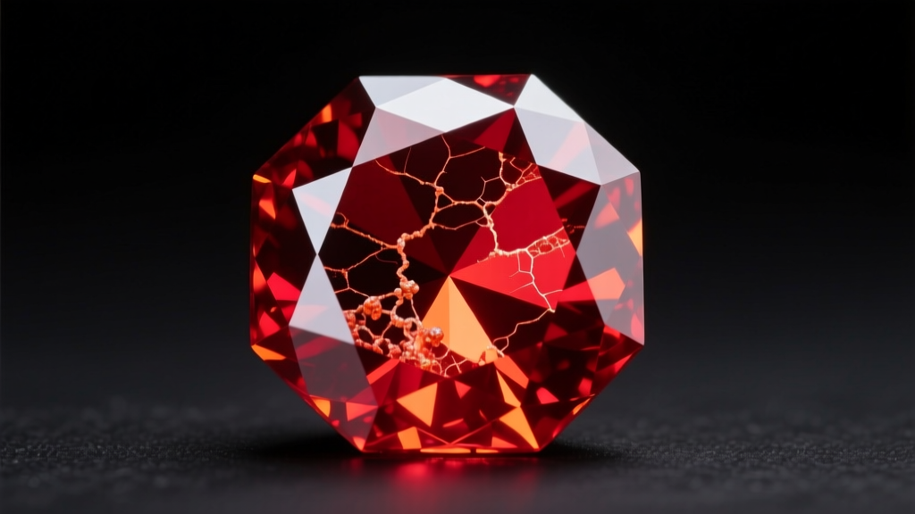 Macro shot of a faceted red spinel showing natural crystal inclusions under a professional gemological microscope light