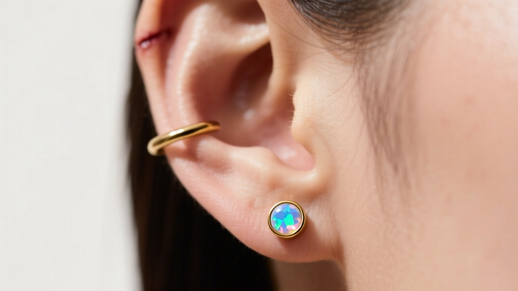 Side profile of a healed helix piercing showing a minimalist 14k gold 6mm threadless flat back stud with a small opal end.