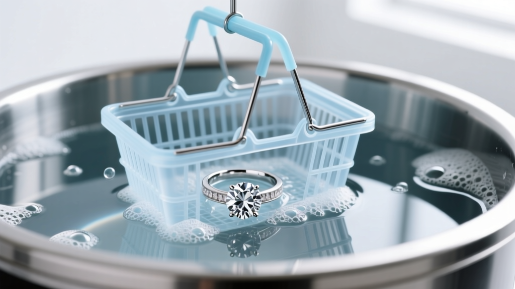 Close-up of a plastic basket inside a stainless steel ultrasonic tank holding a platinum diamond ring submerged in soapy water
