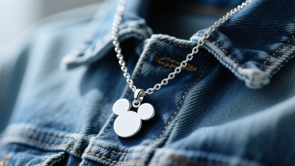 Close-up of a delicate silver chain necklace with a Mickey silhouette pendant resting on a denim jacket in soft natural light.