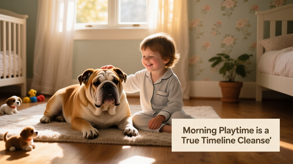 An adult English Bulldog resting peacefully beside a child, both smiling softly