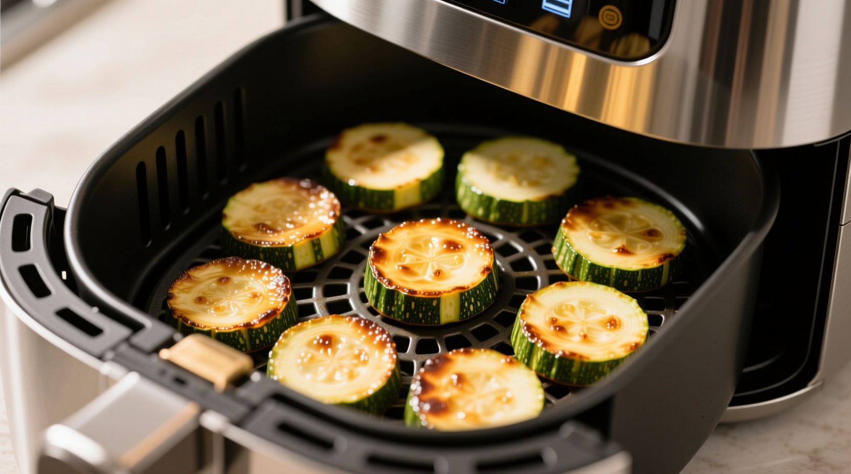 Golden brown zucchini slices in air fryer basket