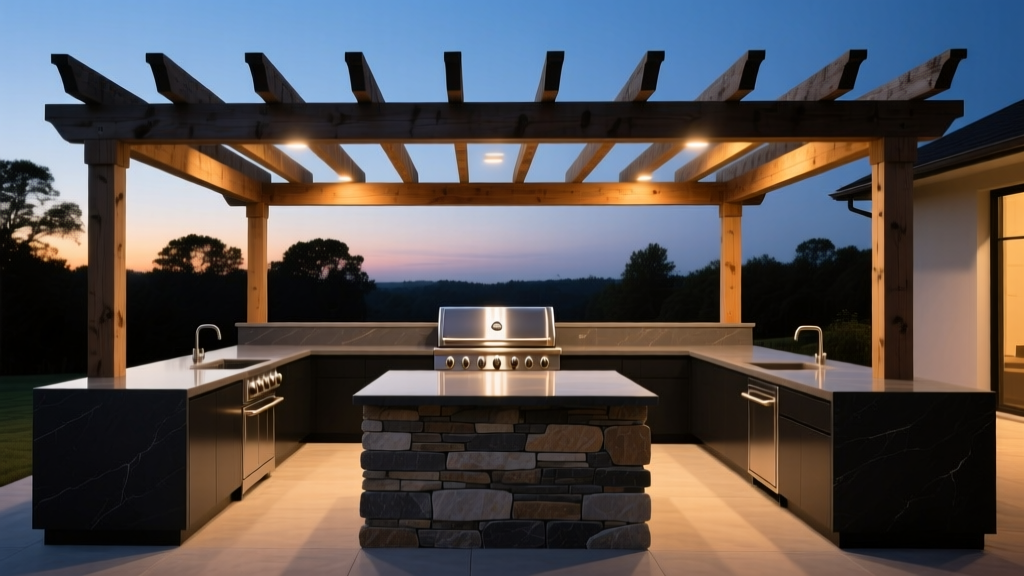Custom outdoor kitchen with built-in gas grill, dark Dekton countertops, and stacked stone veneer island under a cedar pergola at dusk