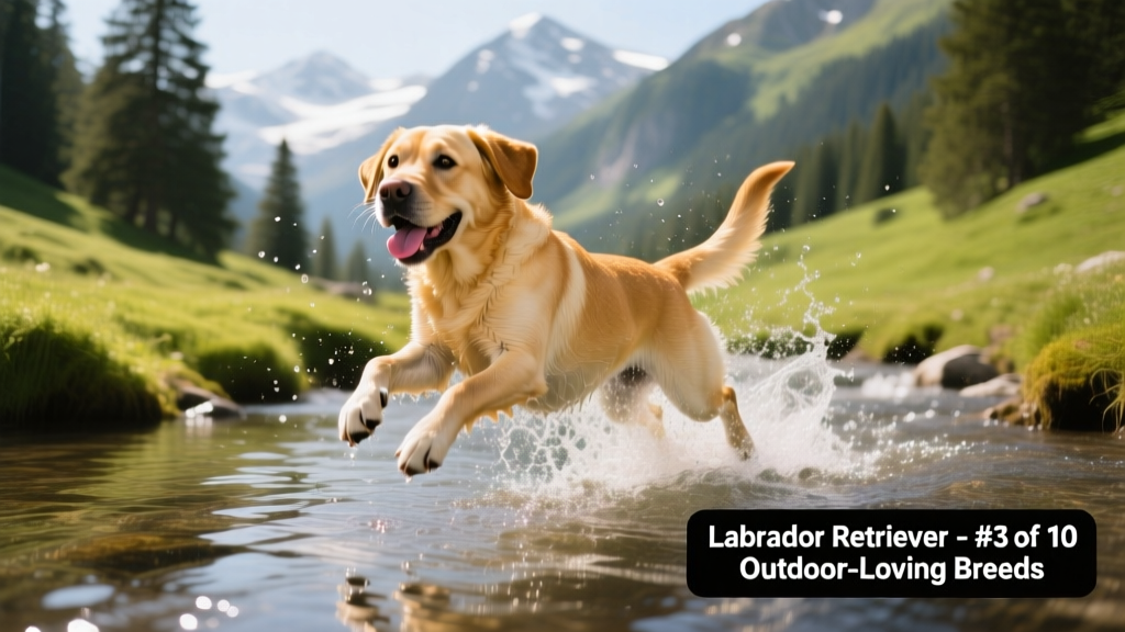 A Labrador Retriever happily splashing in a clear mountain stream during a hike