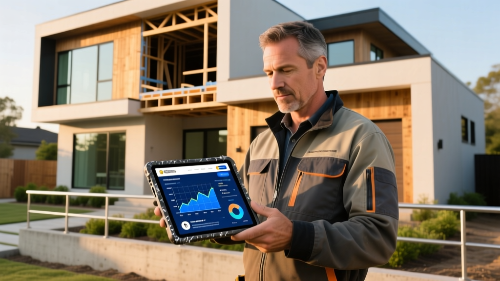 Contractor reviewing a construction company website on a rugged tablet while standing in front of a framed residential build