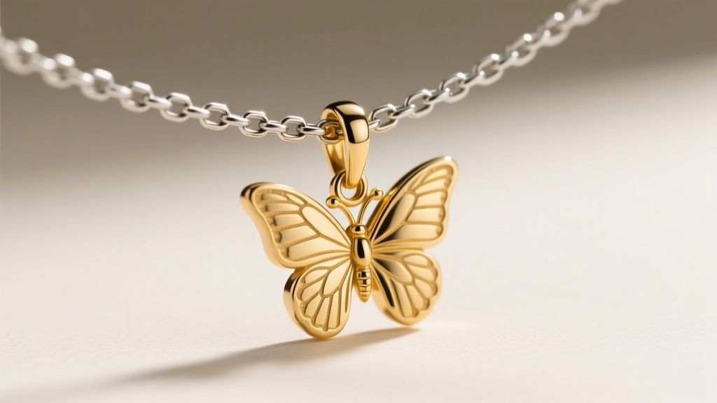 Macro photography of a 1.5mm stainless steel box chain threading through the bail of a gold-plated butterfly cremation necklace.
