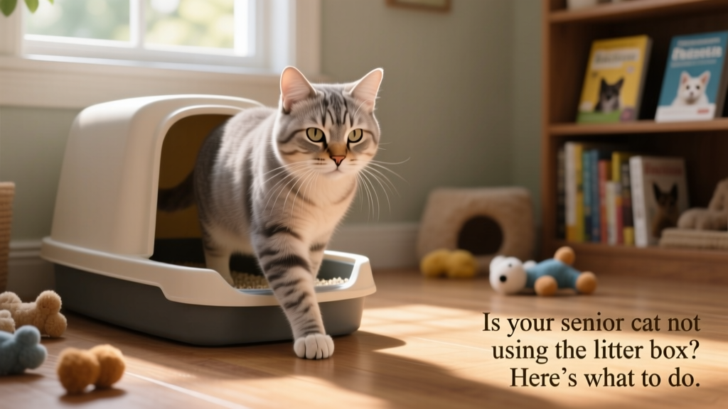 Senior cat gently stepping into a low-entry litter box with soft paws on the rim