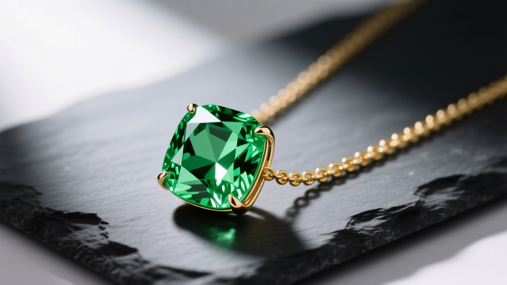 Vibrant lime green peridot pendant on 14k gold chain resting on dark slate, soft studio lighting highlighting gemstone facets.
