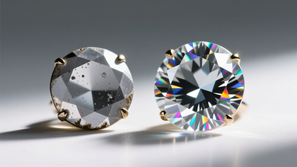 Close-up of a vintage costume jewelry rhinestone showing cloudy gray foil-back water damage next to a pristine sparkling stone