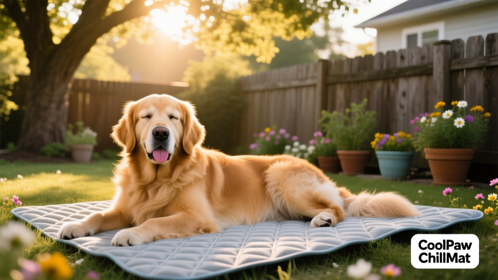 A golden retriever lying comfortably on a cooling mat in a shaded backyard