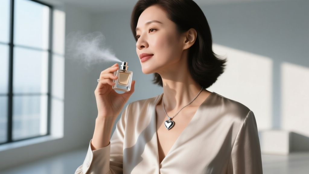 Woman applying perfume away from her neck, with a blurred silver heart pendant visible, illustrating safe jewelry wearing habits.