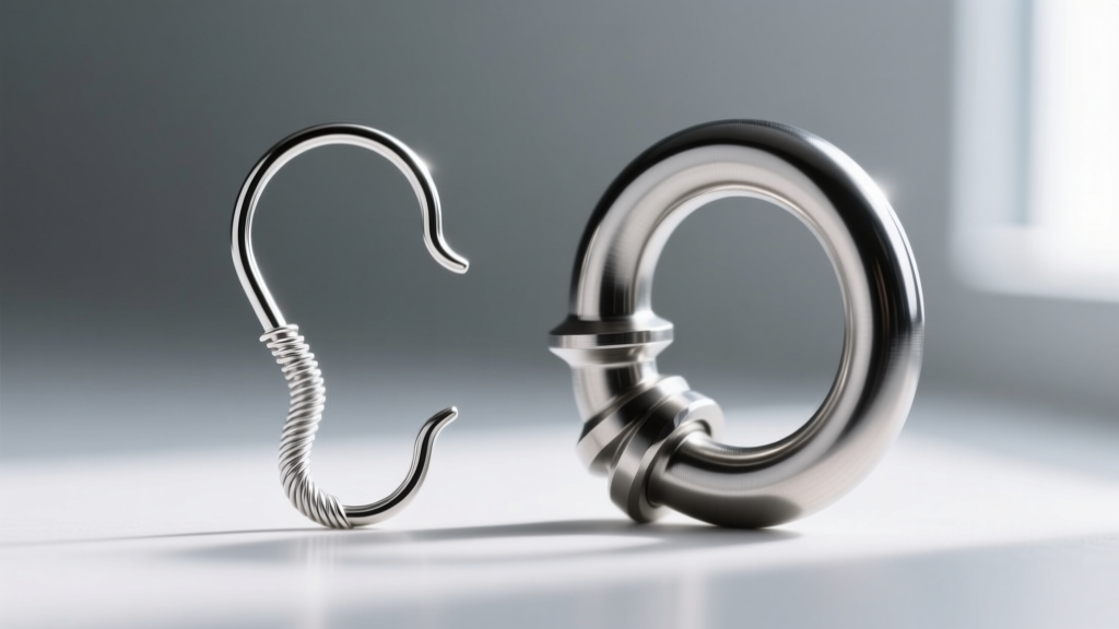 Macro shot comparing wire thickness of a fragile 22-gauge fashion hook next to a sturdy 16-gauge body-safe titanium helix hook