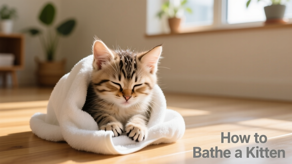Kitten wrapped snugly in a soft, dry towel, looking relaxed and content after a bath