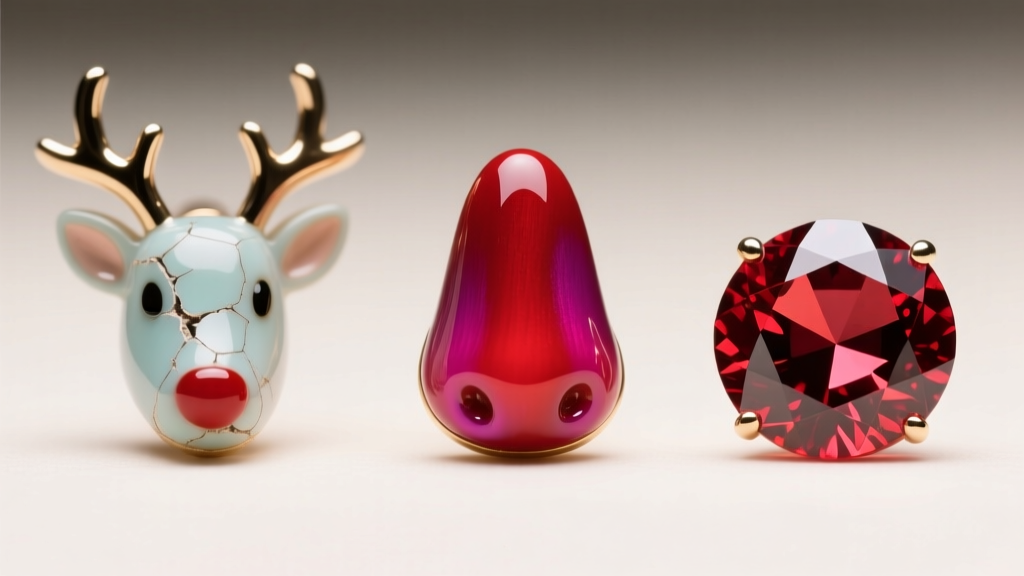 Macro comparing Rudolph earring noses: chipped cold epoxy, vibrant vitreous hot enamel, and a faceted red garnet gemstone.