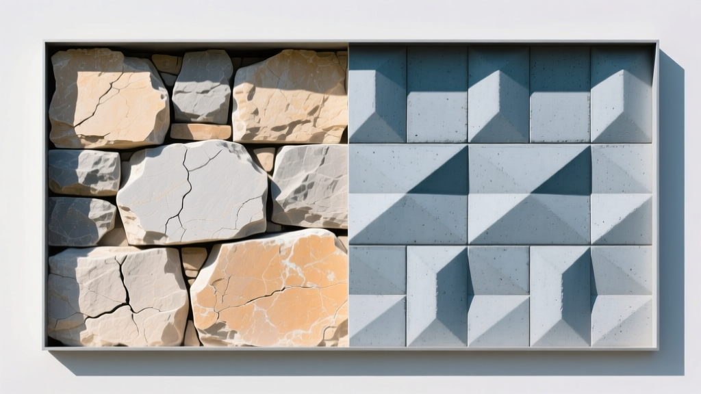 Split-screen showing rough-hewn natural limestone veneer on the left and molded concrete manufactured stone veneer on the right