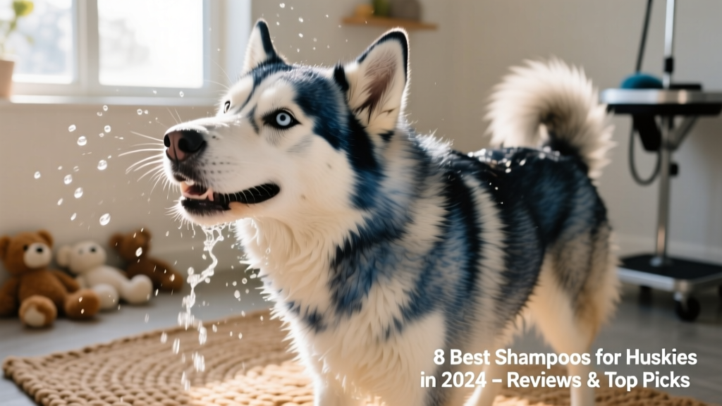 Close-up of a Siberian Husky shaking off water after a bath, showing glossy, well-groomed fur