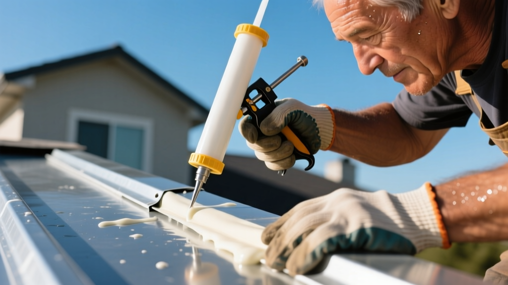 Close-up of a roofing contractor applying butyl sealant to a standing seam metal roof joint using a caulking gun on a sunny day