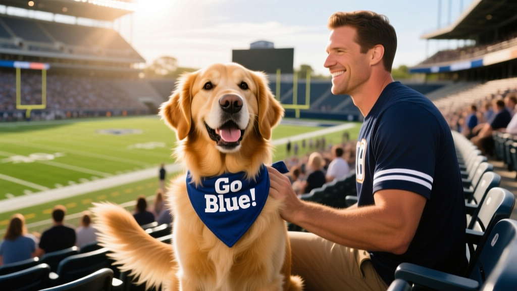 A happy dog wearing a team-themed bandana, sitting beside its owner in stadium seating with a clear view of the field
