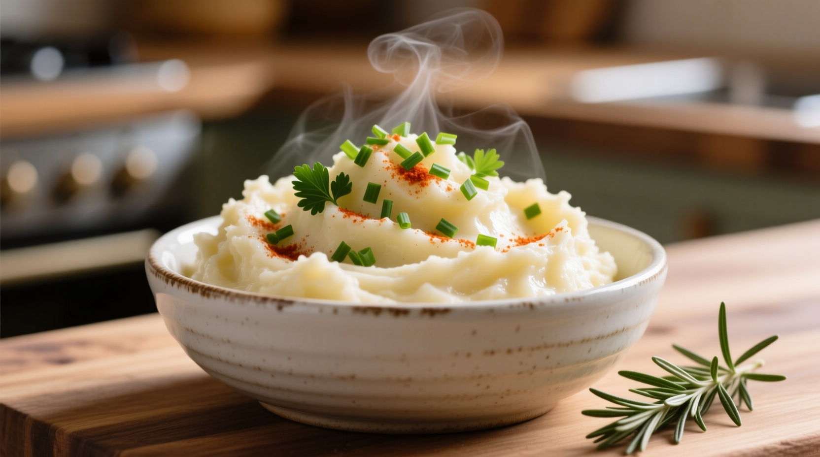 Creamy mashed potatoes in white bowl with herbs